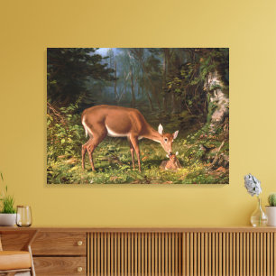 Vintage-Waldlandschaft mit Hirschkuh und Rehkit Wi Leinwanddruck