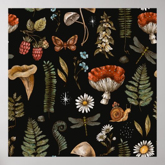 Vintage Waldlandschaft nahtlos Muster. Amanita Poster (Vorne)