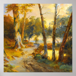 Vintage-Waldlandschaft und Fluss - Goldene Ölgemäl Poster