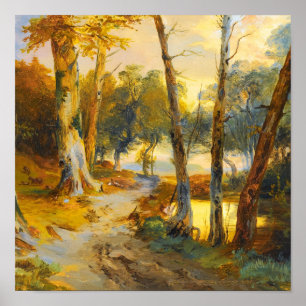 Vintage-Waldlandschaft und Fluss - Goldene Ölgemäl Poster