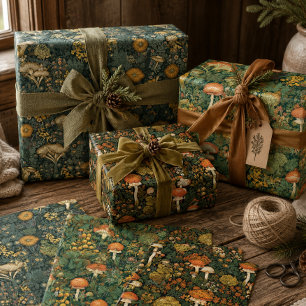 Vintage-Waldpilz in Dunkelgrün und rustikalem Rot Geschenkpapier Set