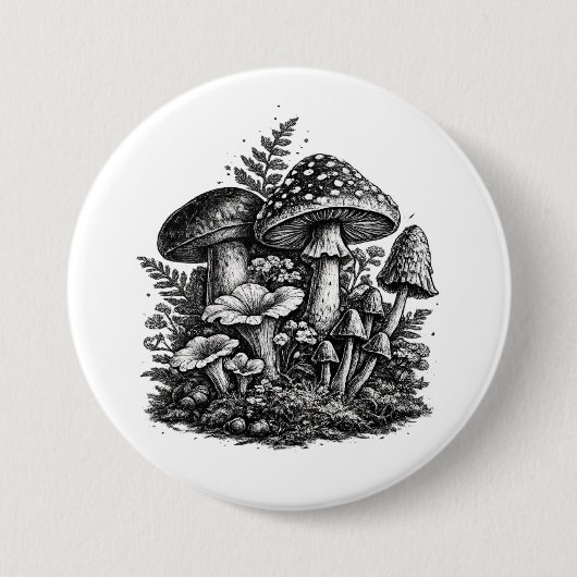 Vintage-Waldpilze Linolschnitt Button (Vorderseite)