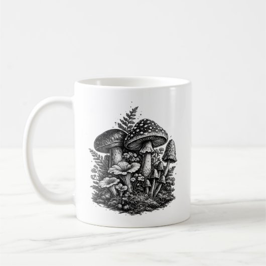 Vintage-Waldpilze Linolschnitt Kaffeetasse (Links)