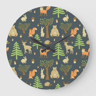 Vintage Waldtiere, Kindermuster. Große Wanduhr