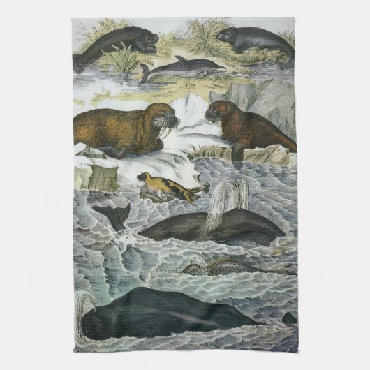 Vintage Wale, Siegel und Walrusse, Meerestiere Geschirrtuch (Vertikal)