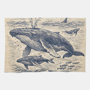 Vintage-Walillustration einer Buckelwalfamilie Geschirrtuch