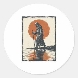 Vintage Walking Figure Sonnenuntergangs-Reflexions Runder Aufkleber