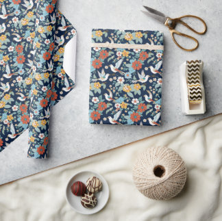 Vintage Wallpaper Birds und Florals Navy Geschenkpapier