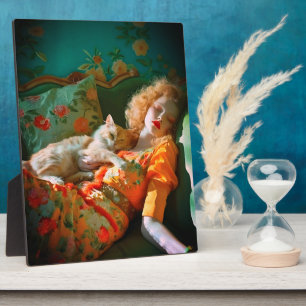 Vintage Wandkunst Frau und Katze – Romantische Blu Fotoplatte