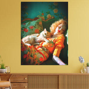 Vintage Wandkunst Frau und Katze – Romantische Blu Leinwanddruck