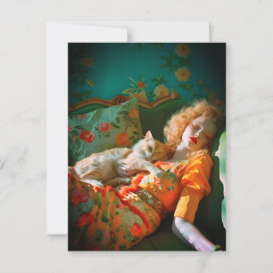 Vintage Wandkunst Frau und Katze – Romantische Blu Postkarte