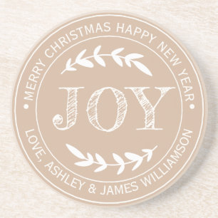 Vintage Warm Beige Joy Personalisiertes Weihnachte Getränkeuntersetzer