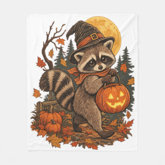 Vintage-Waschbär-Hexe-Halloween-Kürbis-Herbst Fleecedecke