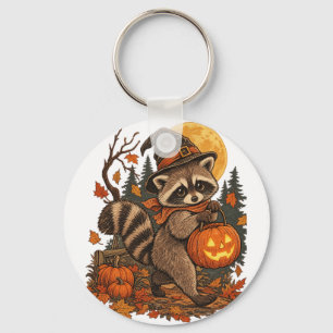 Vintage-Waschbär-Hexe-Halloween-Kürbis-Herbst Schlüsselanhänger