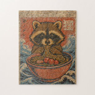 Vintage-Waschbär isst Ramen japanische Kunst Puzzle