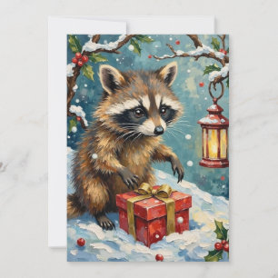 Vintage-Waschbär öffnet Weihnachtsgeschenkbox-Kuns Feiertagskarte
