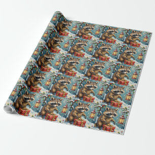 Vintage-Waschbär öffnet Weihnachtsgeschenkbox-Kuns Geschenkpapier