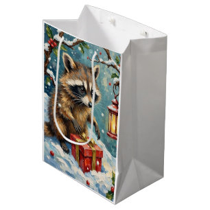 Vintage-Waschbär öffnet Weihnachtsgeschenkbox-Kuns Mittlere Geschenktüte