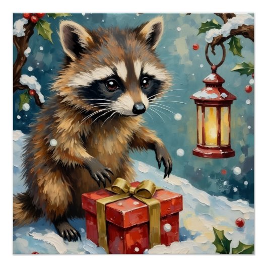 Vintage-Waschbär öffnet Weihnachtsgeschenkbox-Kuns Poster (Vorderseite)