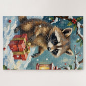 Vintage-Waschbär öffnet Weihnachtsgeschenkbox-Kuns Puzzle (Horizontal)