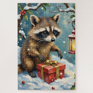 Vintage-Waschbär öffnet Weihnachtsgeschenkbox-Kuns Puzzle
