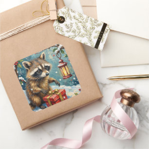 Vintage-Waschbär öffnet Weihnachtsgeschenkbox-Kuns Quadratischer Aufkleber