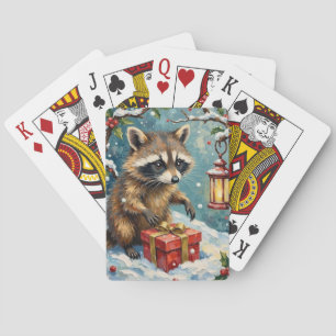 Vintage-Waschbär öffnet Weihnachtsgeschenkbox-Kuns Spielkarten