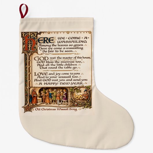 Vintage Wassail-Lied illuminierte Manuskriptkunst Großer Weihnachtsstrumpf (Vorderseite)
