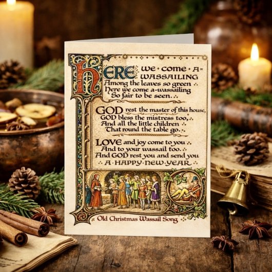 Vintage Wassail-Lied illuminierte Manuskriptkunst Karte