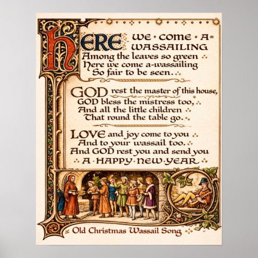 Vintage Wassail-Lied illuminierte Manuskriptkunst Poster (Vorne)