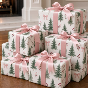 Vintage-Wasserfarbe-Christbaum mit rosa Schleife Geschenkpapier