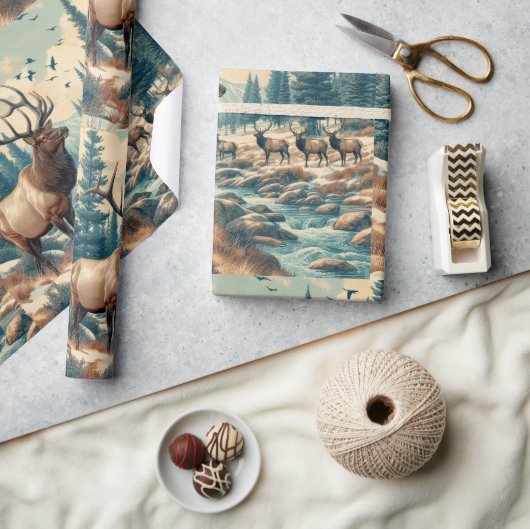 Vintage Wasserfarbe Elch Kunst Geschenkpapier (Kunsthandwerk)