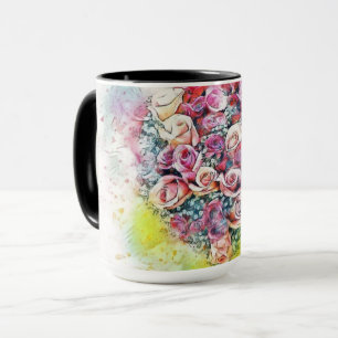 Vintage Wasserfarbe Farbige Rose Herz Tasse