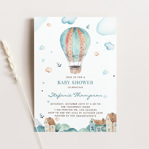 Vintage-Wasserfarbe-Heißluftballon-Junge-Baby-Part Einladung