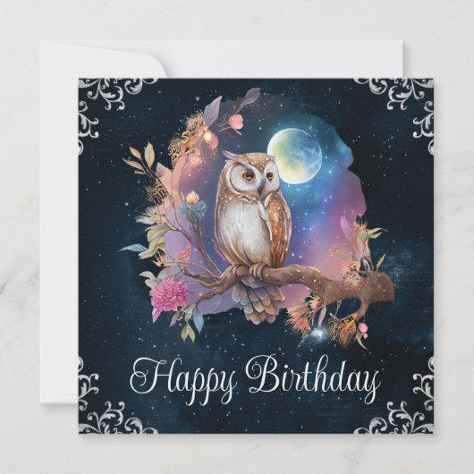 Vintage Wasserfarbe Himmelsfantasie Owl Geburtstag Karte (Vorderseite)