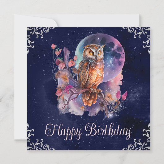 Vintage Wasserfarbe Himmelsfantasie Owl Geburtstag Karte (Vorderseite)