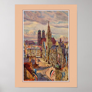 Vintage Wasserfarbe München Marienplatz Poster