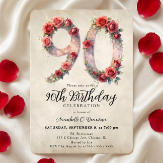 Vintage-Wasserfarbe-Rote-Rose-90.-Geburtstag Einladung
