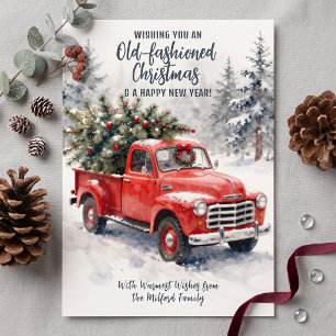 Vintage-Wasserfarbe-Roter-LKW-Tannen-Weihnachten Feiertagskarte