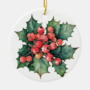 Vintage-Wasserfarbe-Stechpalmen-Beeren-Blätter Keramik Ornament