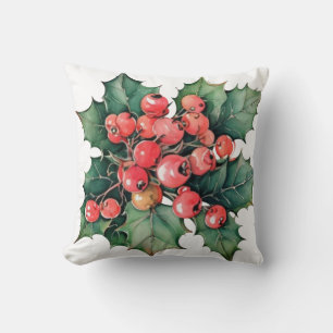 Vintage-Wasserfarbe-Stechpalmen-Beeren-Blätter Kissen