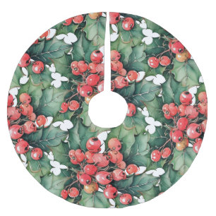 Vintage-Wasserfarbe-Stechpalmen-Beeren-Blätter Polyester Weihnachtsbaumdecke