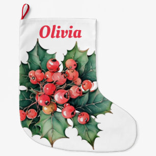 Vintage Wasserfarbe Stechpalmenbeeren Blätter Großer Weihnachtsstrumpf