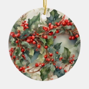 Vintage-Wasserfarbe Stechpalmenbeeren Blätter Keramik Ornament