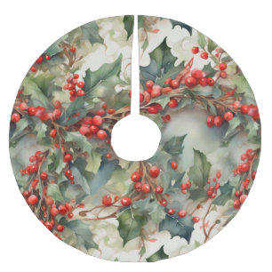 Vintage Wasserfarbe Stechpalmenbeeren Blätter Polyester Weihnachtsbaumdecke