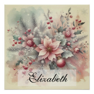 Vintage-Wasserfarbe-Weihnachtsblumen und -ornament Poster