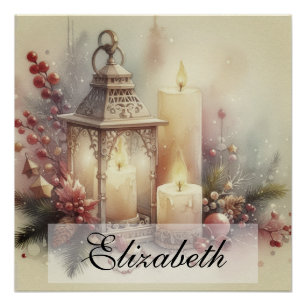 Vintage-Wasserfarbe-Weihnachtslaterne und -Ornamen Poster