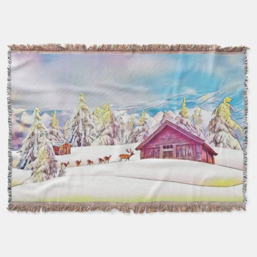 Vintage Wasserfarbe Winterlandschaft mit Rentier Decke (Vorderseite)