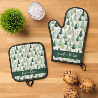 Vintage-Wasserfarbe-Winterwald personalisiert Ofenhandschuh & Topflappen-Set