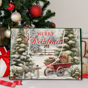 Vintage Wasserfarben Bäume Frohe Weihnachtsschrift Große Geschenktüte
